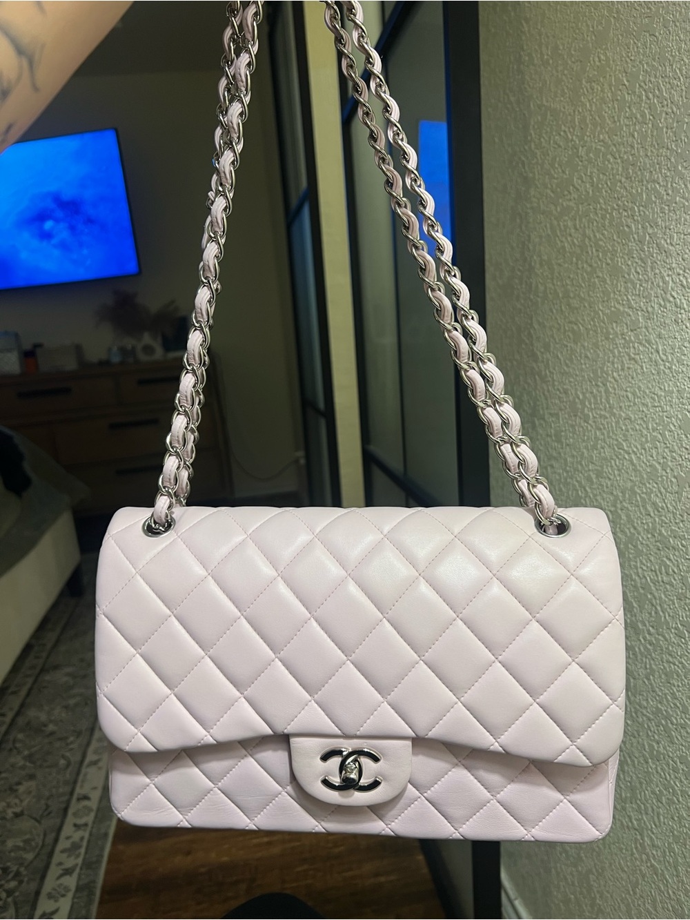 Chanel Jumbo Double Flap in Pink Lambskin with silver hardware